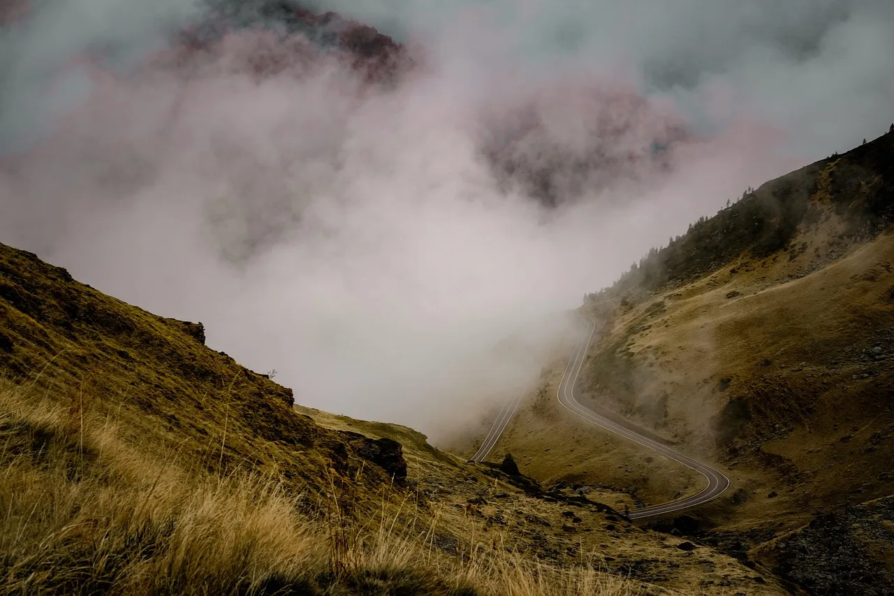 Carretera de muntanya que es perd dins la boira
